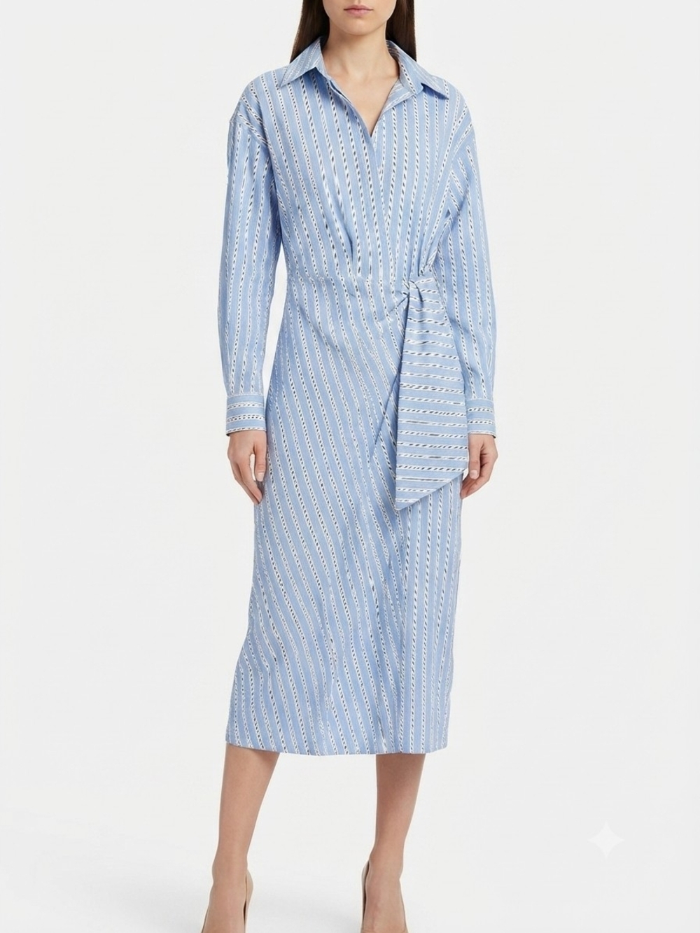 Zara Light Blue Striped Wrap Midi Shirt Dress Size XS